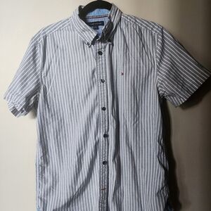 Tommy Hilfiger Men's Grey And Whiye Striped Button Down Shirt